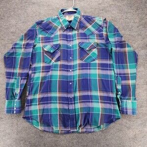 Vintage Ruddock Western Shirt Mens 17 35 Pearl Snap Purple Green Plaid